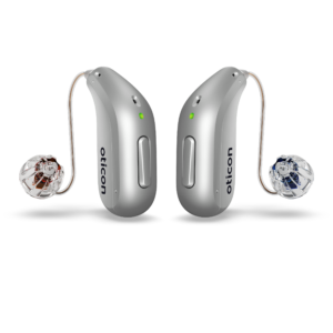 Oticon_Intent_miniRITE_H1-2024_Binaural_C091SilverGrey_LEDgreen_Speaker60_OpenBassDome_500pctSize